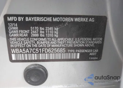 2015 BMW 528I xDrive from USA, damaged, VIN WBA5A7C51FD625685